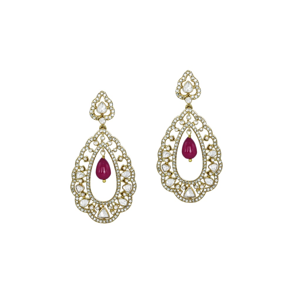 Polki Chandelier Diamond Earrings with Ruby Drop
